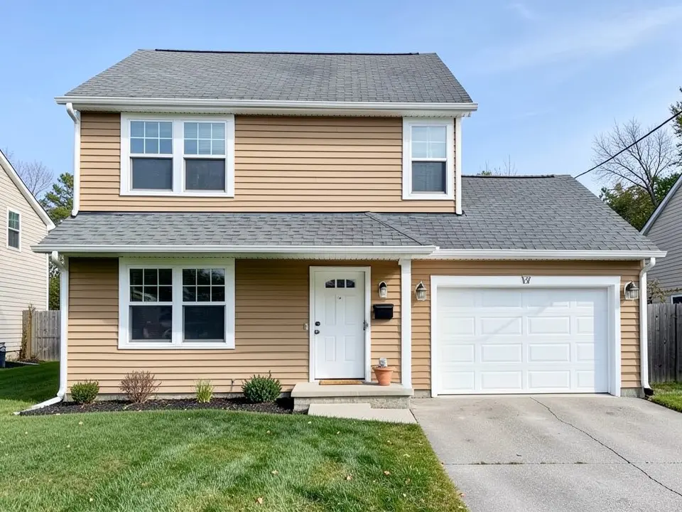AI-drawn generic stand-in of a two-story house with tan horizontal siding, white trim and windows, a white front door under a small porch, a white garage door and a gray shingle roof