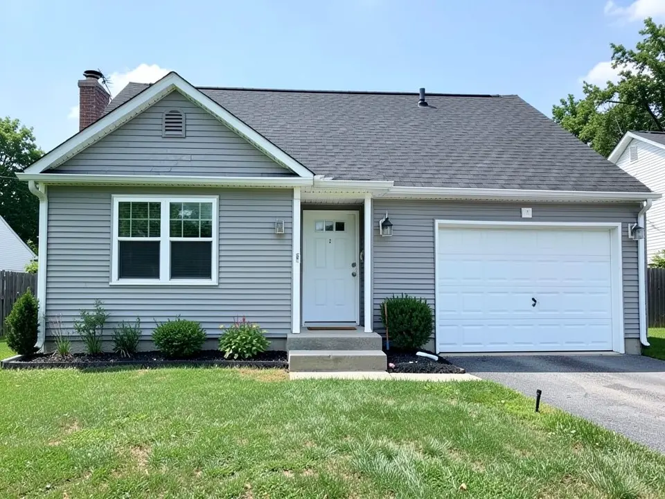 AI-drawn generic stand-in of a one-story ranch house with light gray horizontal siding, white window frame and trim, a white front door and a white garage door under a dark gray shingle roof