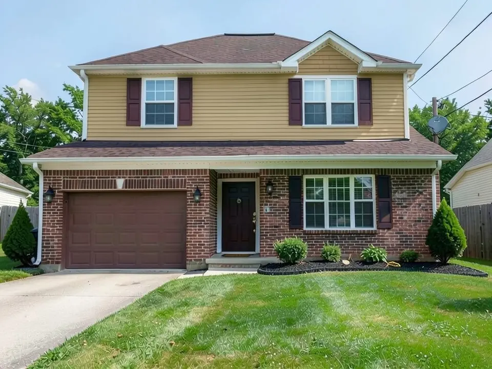 The same house with the upper-floor siding painted a golden sand beige; the red-brown brick, the dark red shutters, the white trim and the garage door kept