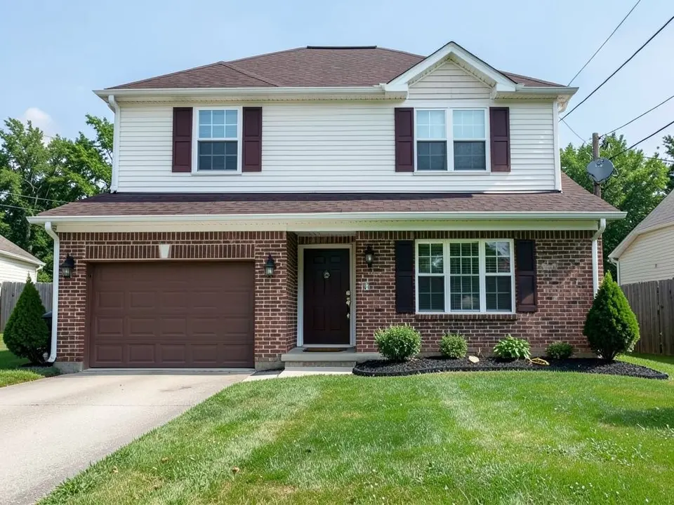 AI-drawn generic stand-in of a two-story house with red-brown brick on the ground floor, white siding on the upper floor, dark red shutters, white trim and a brown garage door
