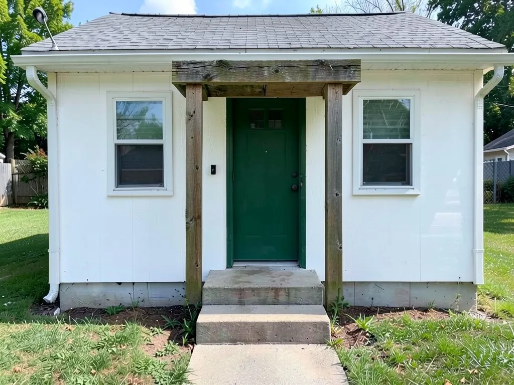 The same cottage with white siding, a timber post-and-beam frame over the door and a deep green door