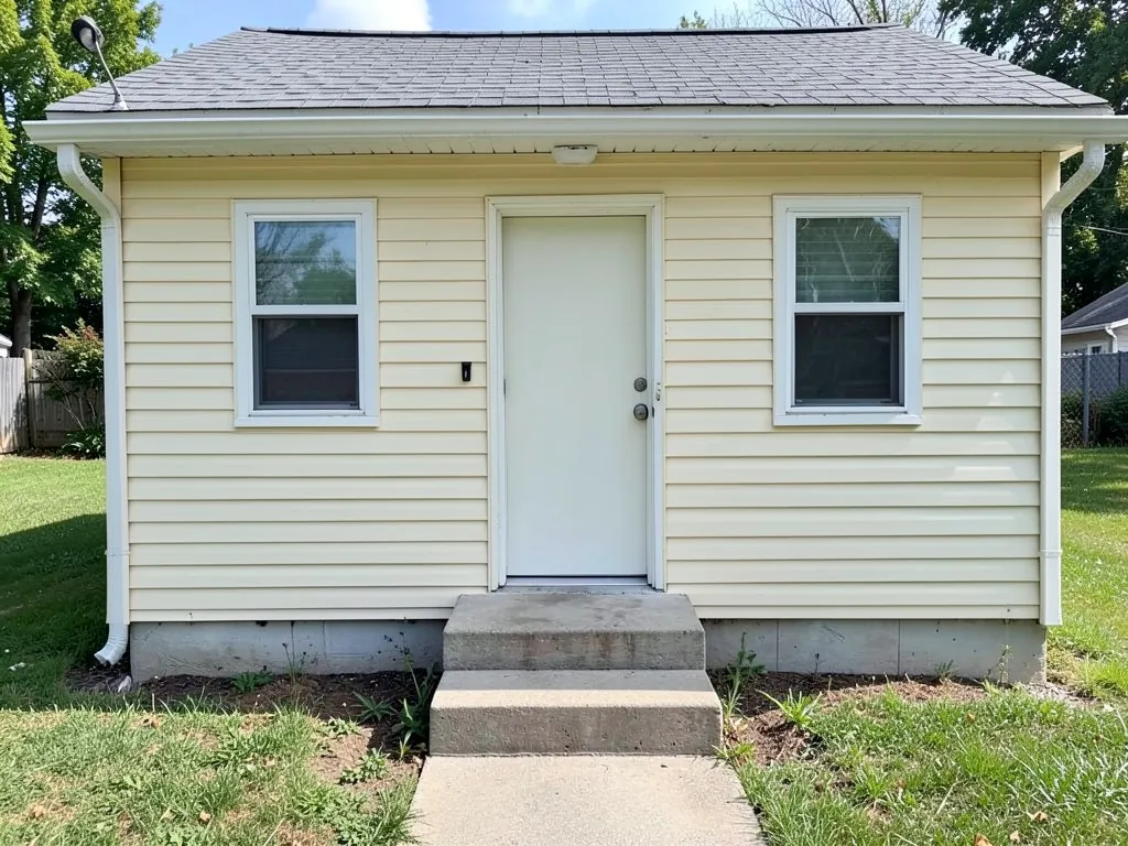 AI-drawn generic stand-in of a small cream vinyl-sided cottage with a bare concrete stoop and a plain white door