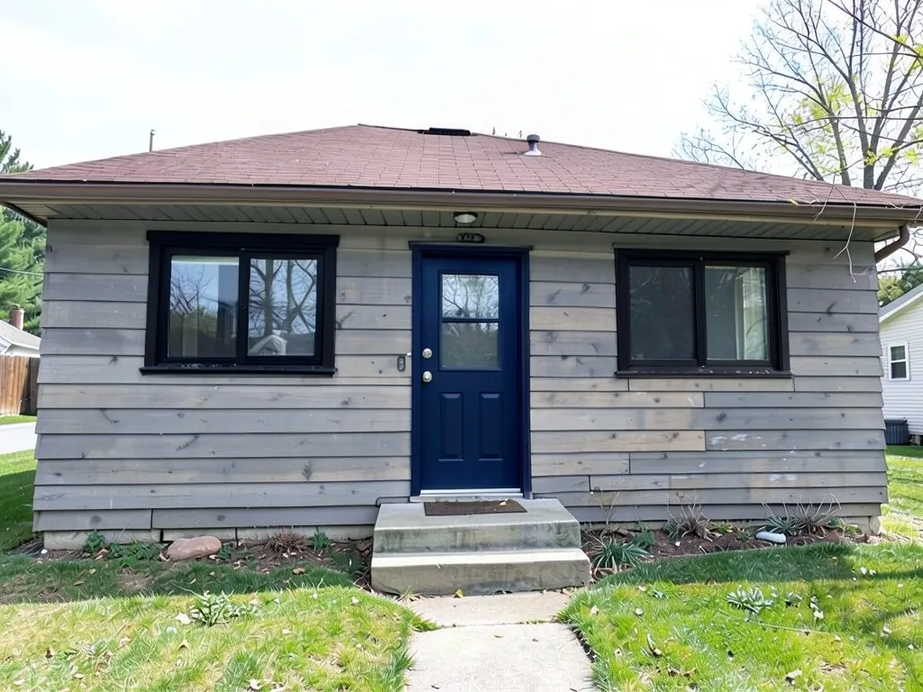 The same house with gray siding, black window frames and a dark navy front door; roof kept