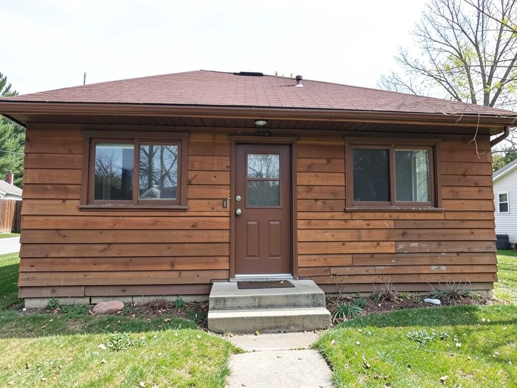 AI-drawn generic stand-in of a dated one-story ranch house with brown wood siding, brown-framed windows and a brown door