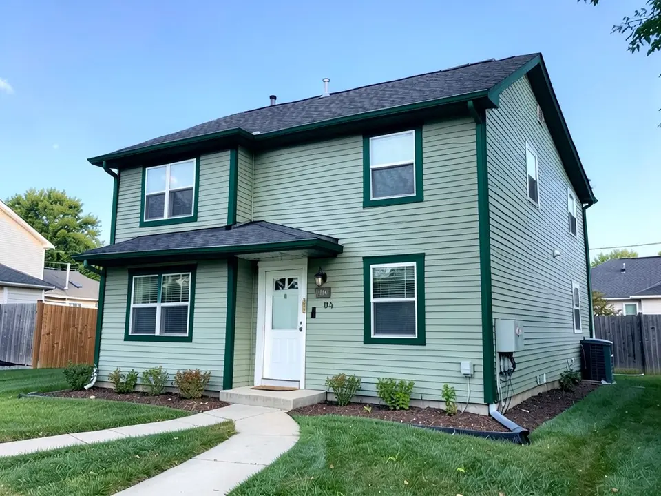 The same house with deep green window trim, corner trim and fascia; sage siding, white front door and roof kept