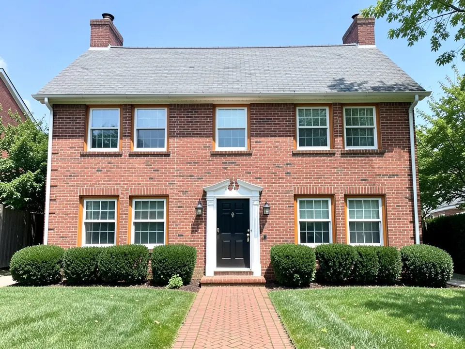AI-drawn stand-in of a two-story red brick colonial house with two chimneys, a gray shingle roof, nine white-framed windows with thin orange-brown trim, a black front door in a white surround, boxwood shrubs and a brick path