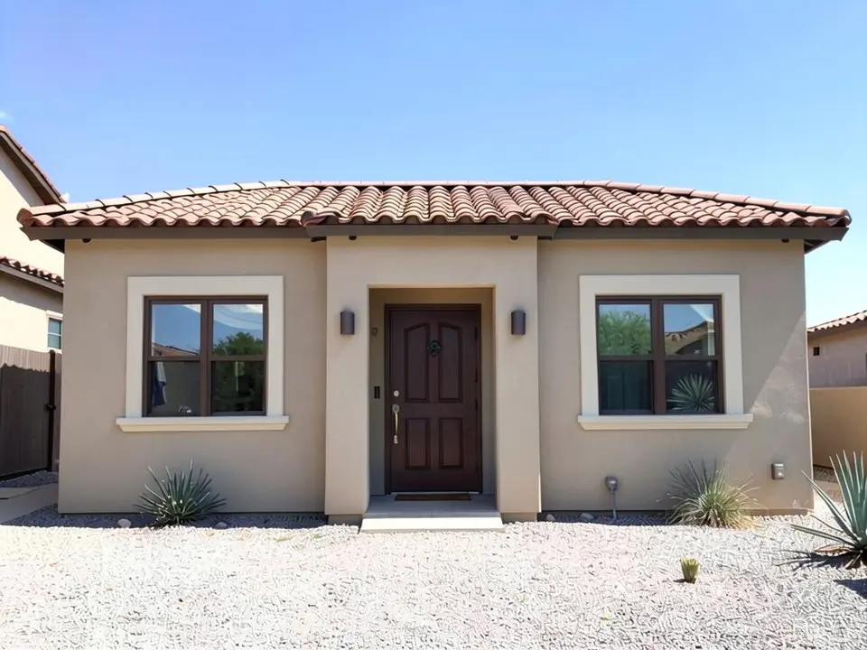 The same stucco house with a raised off-white band and a deeper pale sill around each of the two windows; walls, roof, door, gravel and plants kept