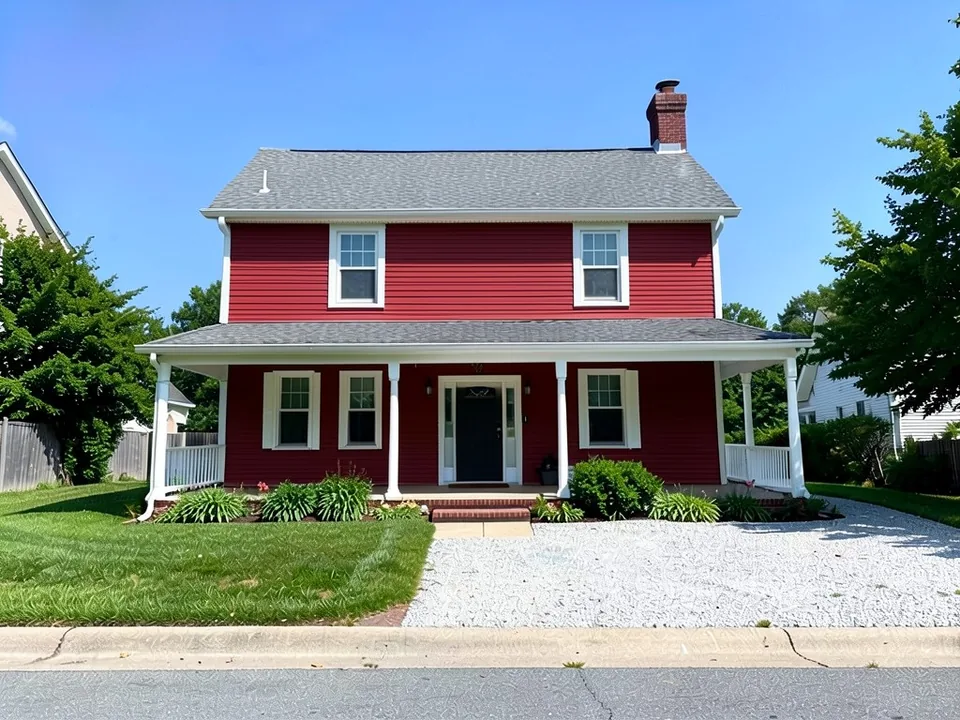 The same farmhouse with barn red siding, white trim and porch posts and a black front door; roof, chimney and driveway kept