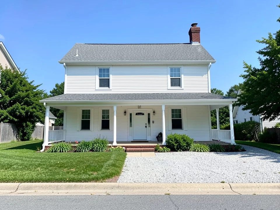 AI-drawn generic stand-in of a two-story country farmhouse with white siding, a wraparound porch with white posts, a gray roof, a red brick chimney and a gravel driveway