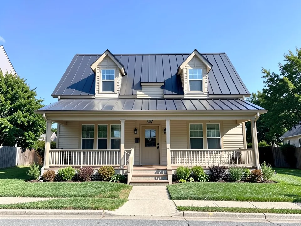 AI-drawn generic stand-in of a one-and-a-half story farmhouse with pale beige siding, two dormers, a dark metal roof and a covered front porch with railings