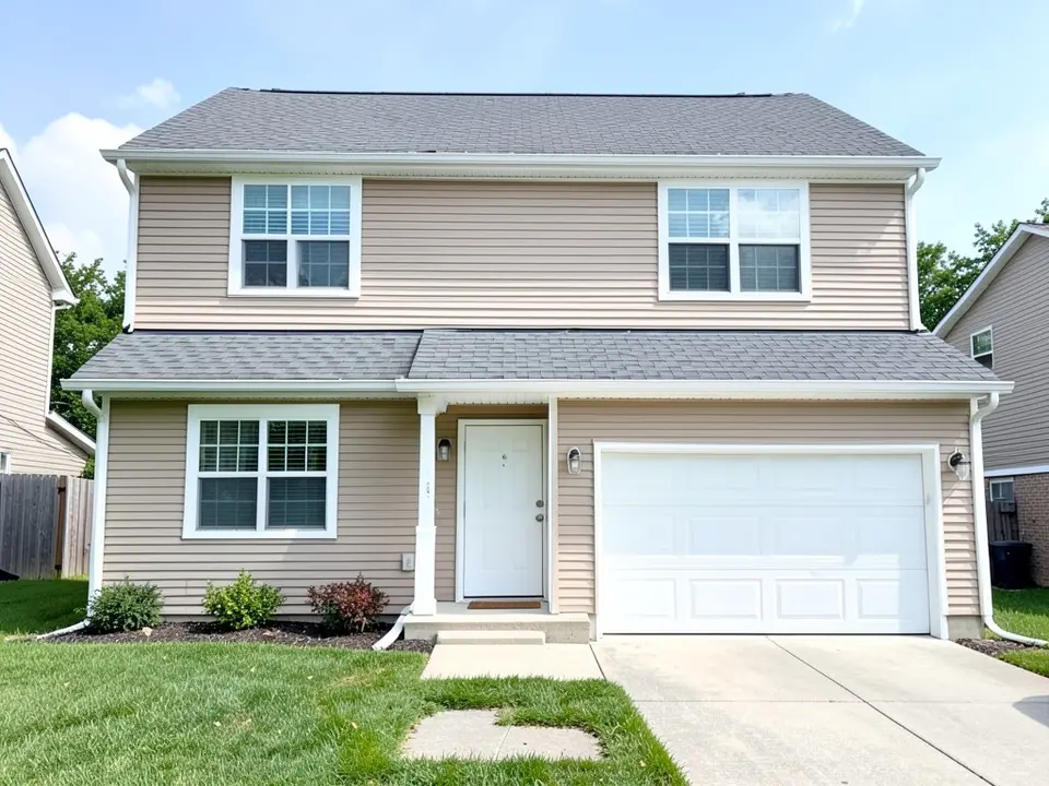 AI-drawn generic stand-in of a two-story house with beige horizontal lap siding, white corner boards and trim, a white front door, a white garage door and a gray roof