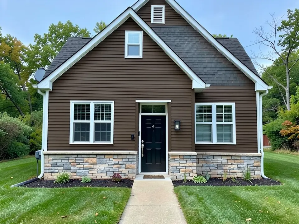 The same house with dark mocha brown lap siding, white trim and the stone base kept, under the same dark roof