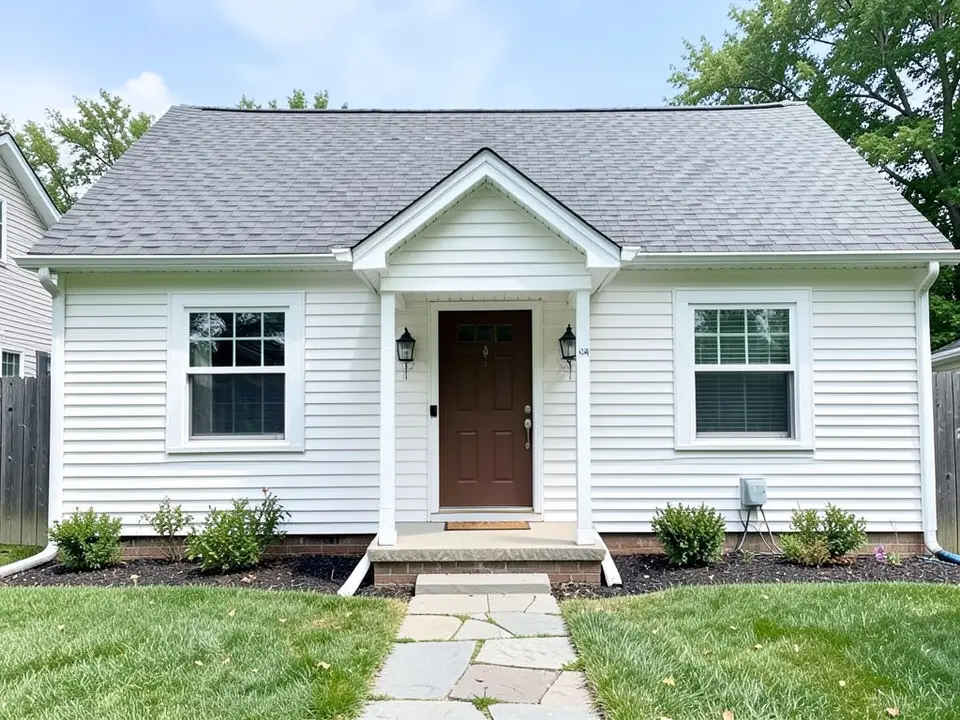 AI-drawn generic stand-in of a single-story house with white horizontal lap siding, white trim, a brown front door under a small gabled porch, a gray roof and a stone path