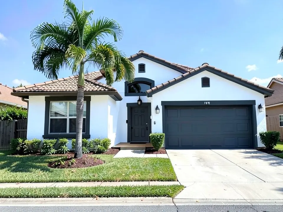 The same house with bright white stucco, charcoal window trim and a charcoal garage door; palm tree and tile roof kept
