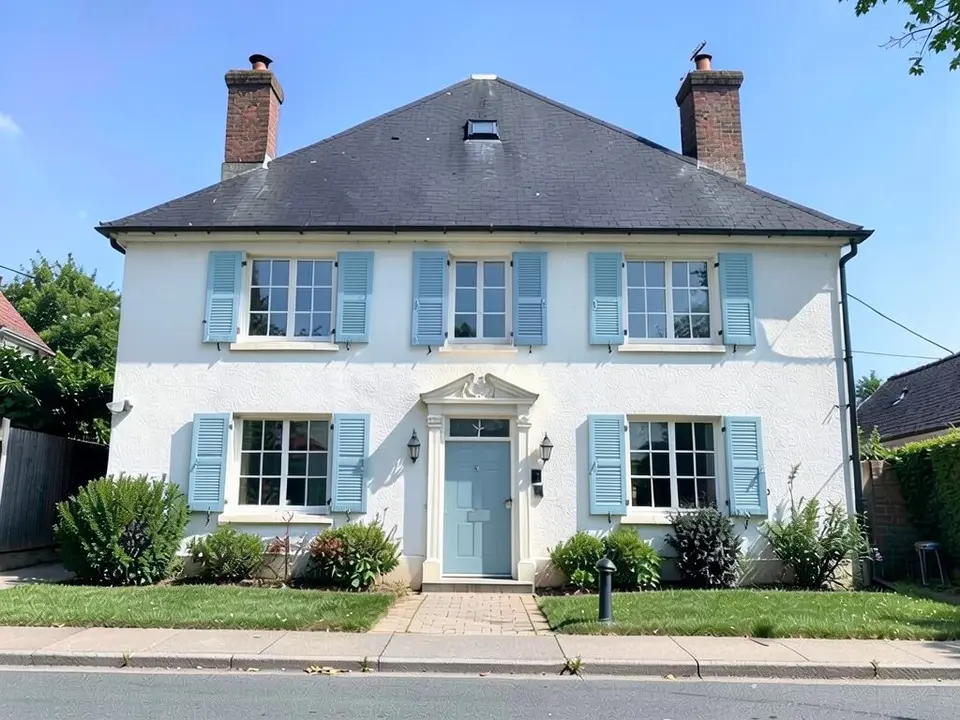 The same house with light blue shutters and a soft blue-gray door; white walls and roof kept