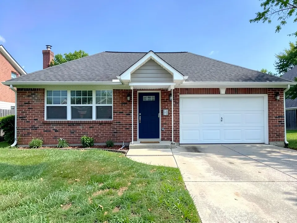 The same house with a deep navy front door; brick, garage door, trim and roof kept