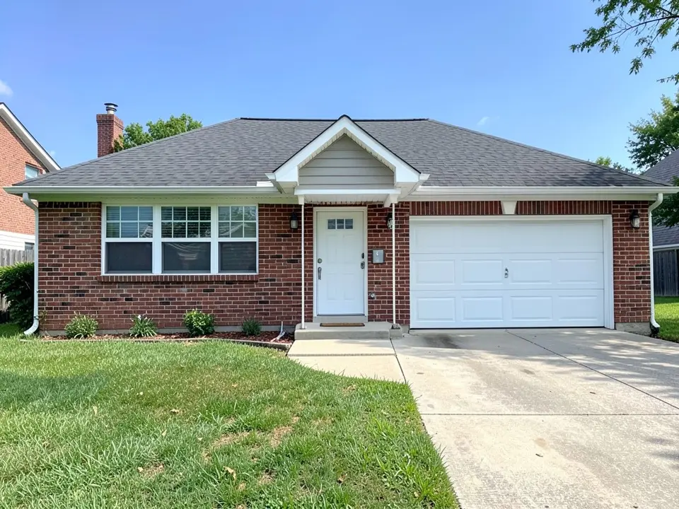 AI-drawn generic stand-in of a one-story red brick ranch house with a white front door, a white two-car garage door, white window trim and a dark gray roof
