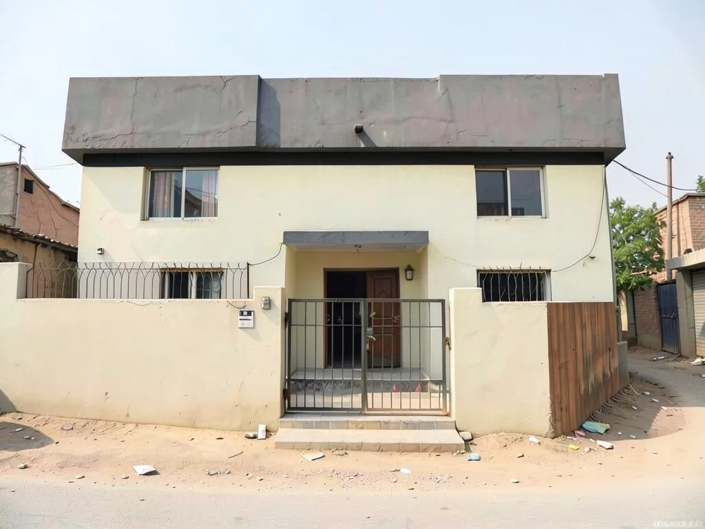 The same house front with cream-white walls, a dark band along the parapet top and a small dark canopy over the door