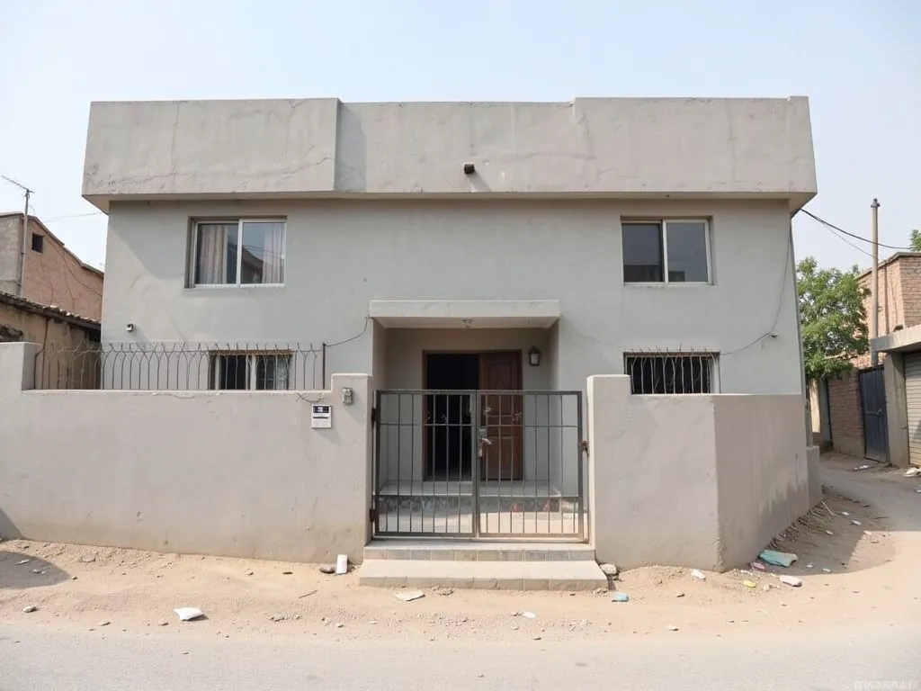 AI-drawn generic stand-in of a plain flat-roofed house front with pale grey cement plaster walls, small barred windows and a steel gate on a narrow lane