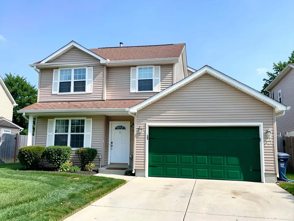 The same house with a deep green garage door; the beige siding, white trim, front door and roof kept