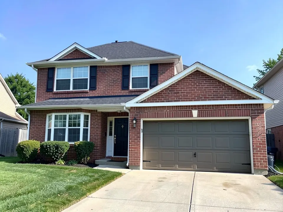 The same house with a gray-brown garage door; the brick, trim, shutters, front door and roof kept