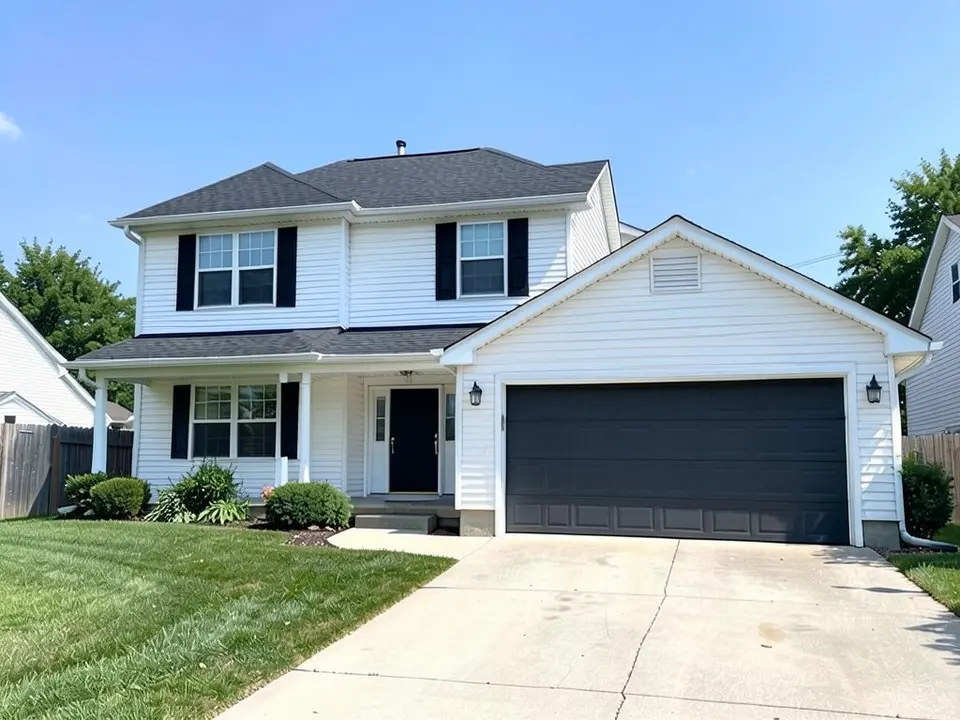 The same house with a dark charcoal garage door; the white garage walls, shutters, front door and roof kept