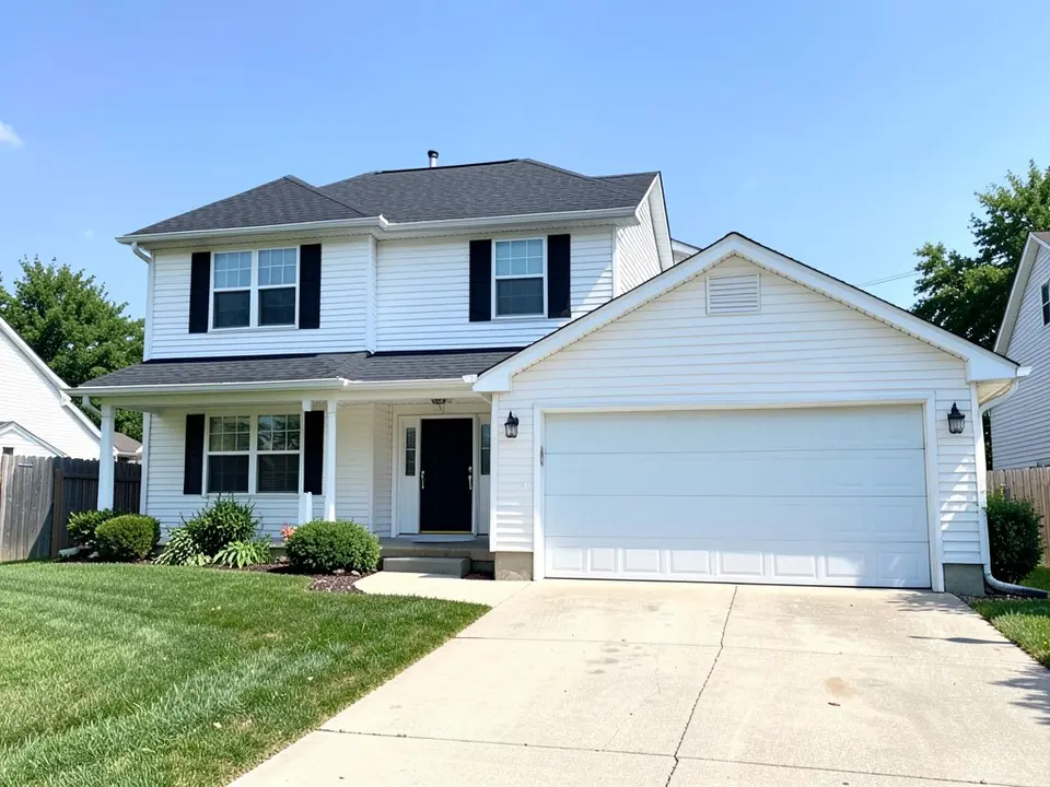 AI-drawn generic stand-in of a white vinyl-sided two-story house with an attached two-car garage with a plain white garage door, black shutters, a black front door and a black roof