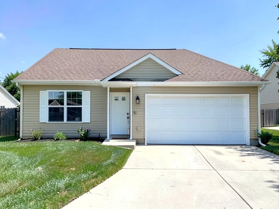 The same house with warm khaki-tan siding; white trim, doors and roof kept