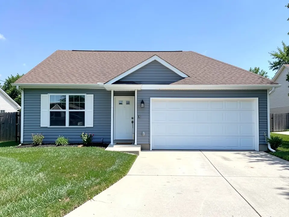 AI-drawn generic stand-in of a one-story ranch house with cool blue-gray horizontal siding, white window trim, a white front door, a white garage door and a medium brown shingle roof