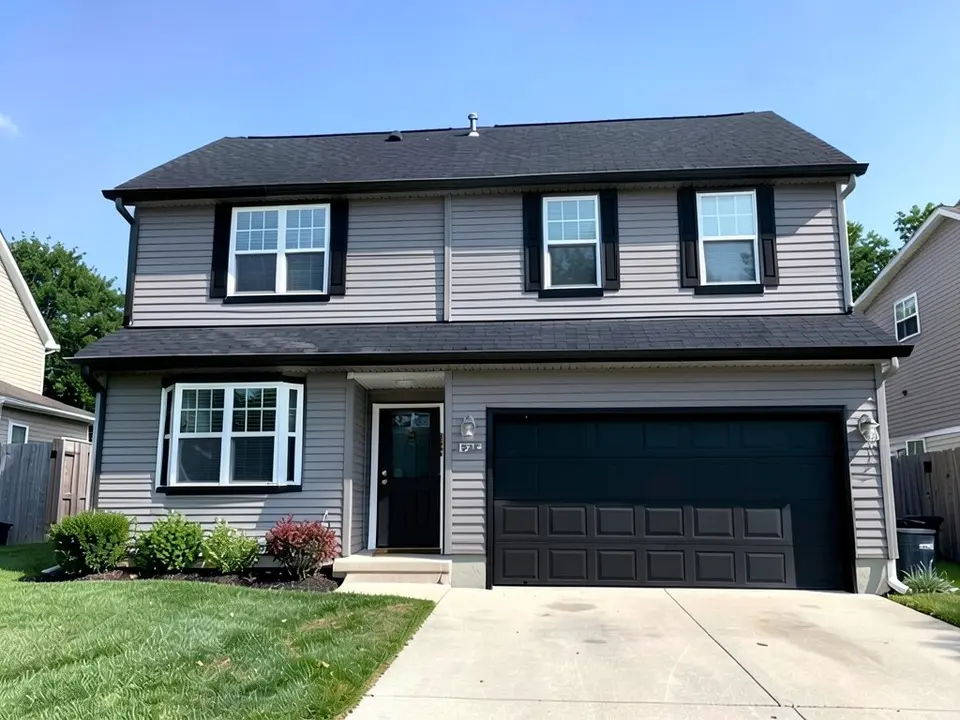 The same gray house with black window trim, front door and garage door; gray siding and black roof kept