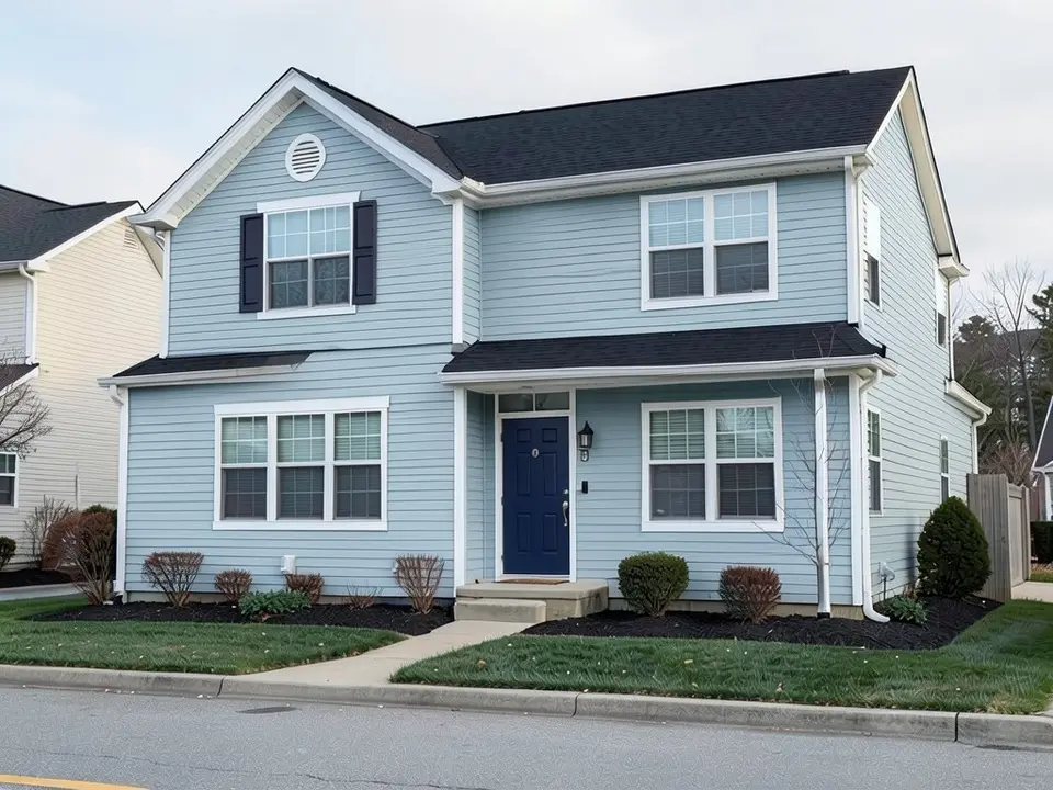The same house with pale blue-gray lap siding; the white trim, black roof and shutters and door kept