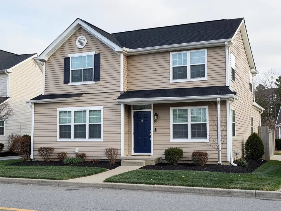 AI-drawn generic stand-in of a suburban two-story house with beige lap siding, white trim, a black roof and a navy front door