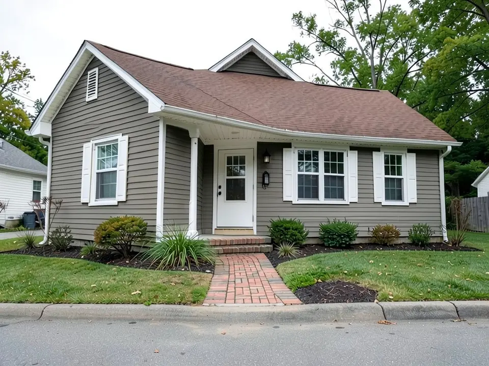 The same ranch house with gray-taupe lap siding; the white trim, brown roof and brick walkway kept