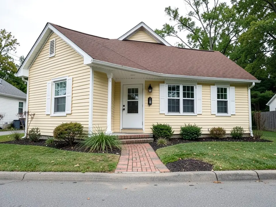 AI-drawn generic stand-in of a ranch house with light yellow lap siding, white trim, a brown roof and a brick walkway