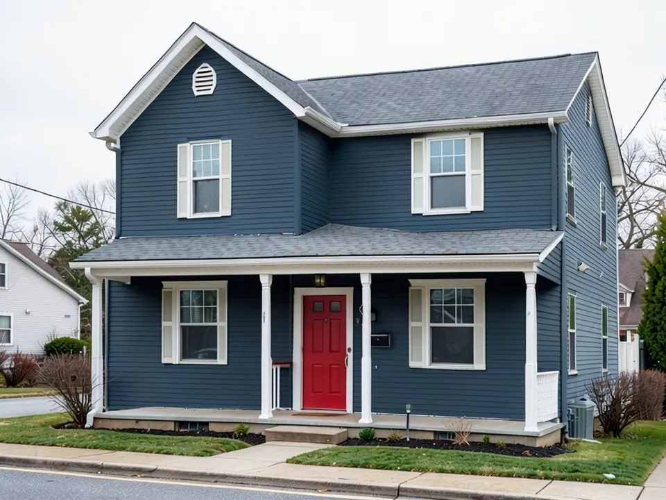 The same house with dark navy-slate lap siding; the white porch columns, cream shutters and gray roof kept