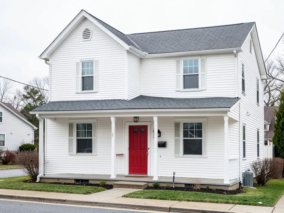 AI-drawn generic stand-in of a two-story house with white lap siding, white trim, a gray roof and a red front door