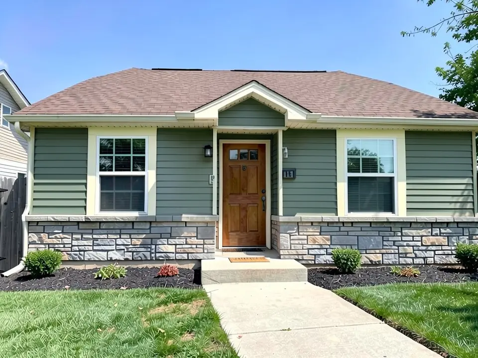 The same house with muted gray-green siding; stone base, cream trim, wood door and roof kept
