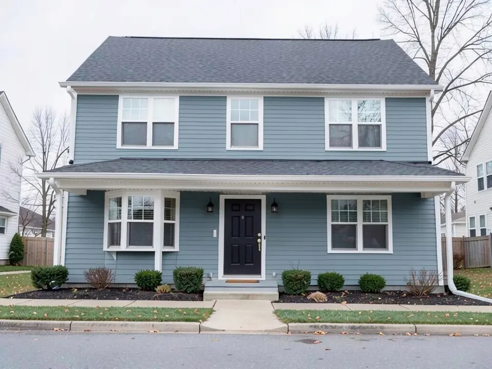 The same house with muted slate blue-gray lap siding; the white trim, dark gray roof and black door kept