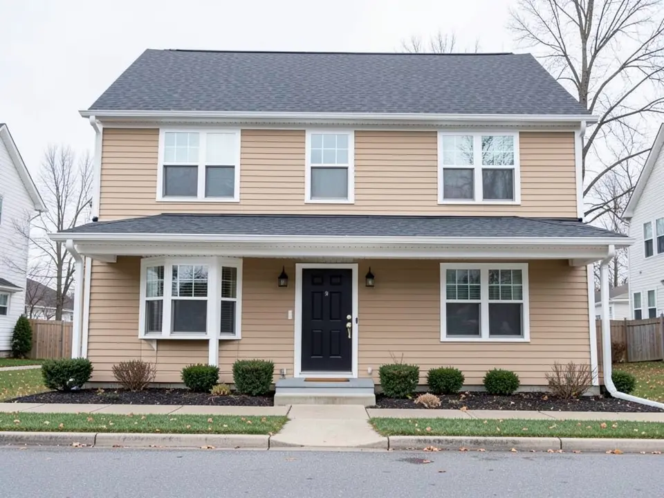 AI-drawn generic stand-in of a two-story colonial house with tan fiber cement lap siding, white trim, a dark gray roof and a black front door