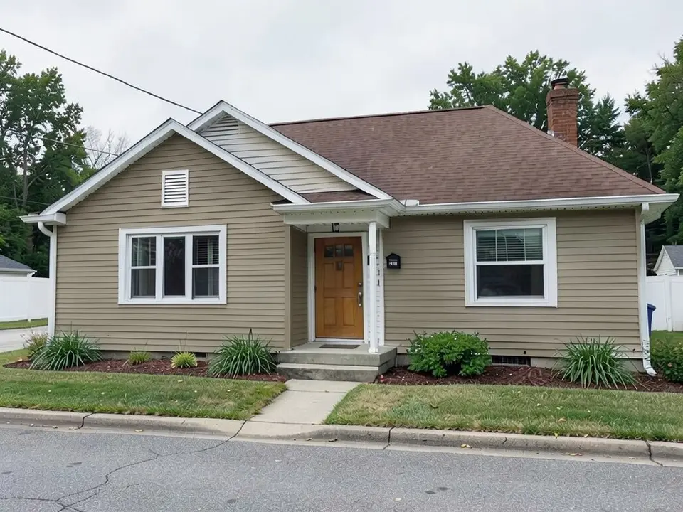The same house with warm khaki-tan lap siding; the white trim, brown roof and wood door kept
