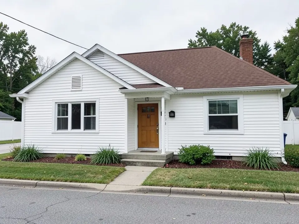 AI-drawn generic stand-in of a one-story ranch house with white lap siding, white trim, a brown roof and a wood front door