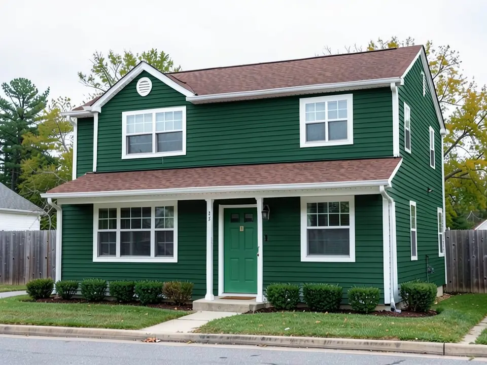 The same house with deep evergreen lap siding; the white trim, brown roof and green door kept