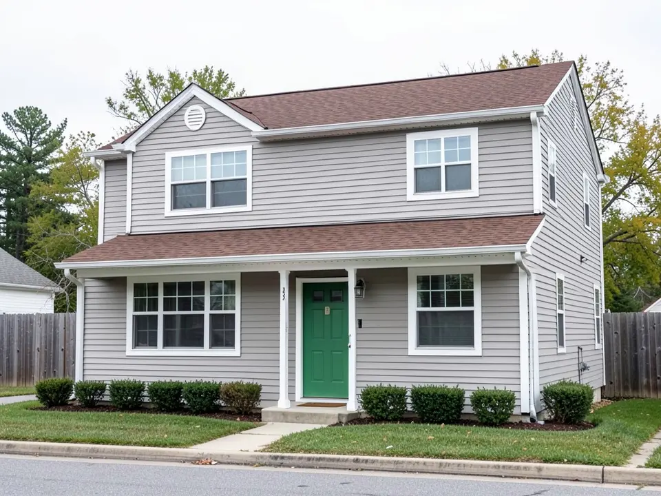 AI-drawn generic stand-in of a two-story house with light gray lap siding, white trim, a brown roof and a green front door