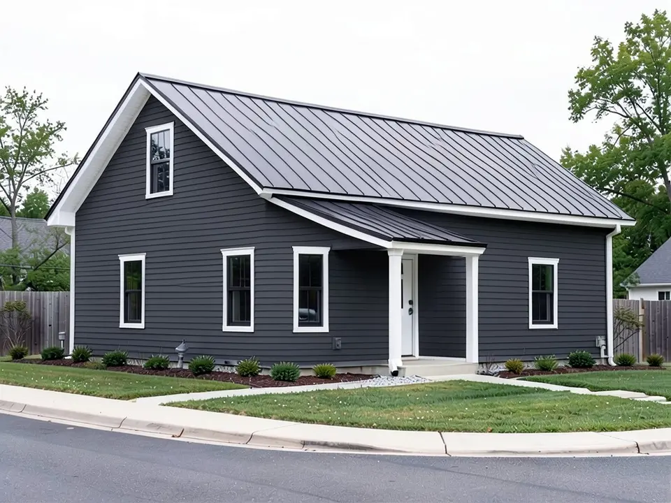 The same house with deep charcoal gray lap siding; the white trim, black metal roof and black windows kept