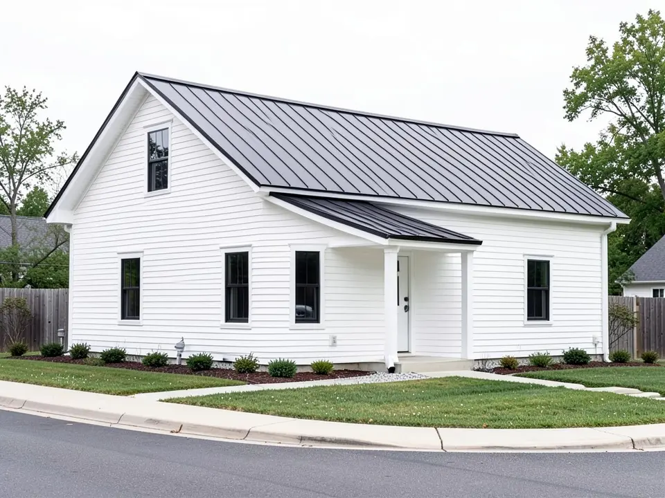 AI-drawn generic stand-in of a modern farmhouse with white lap siding, white trim, a black metal roof and black windows