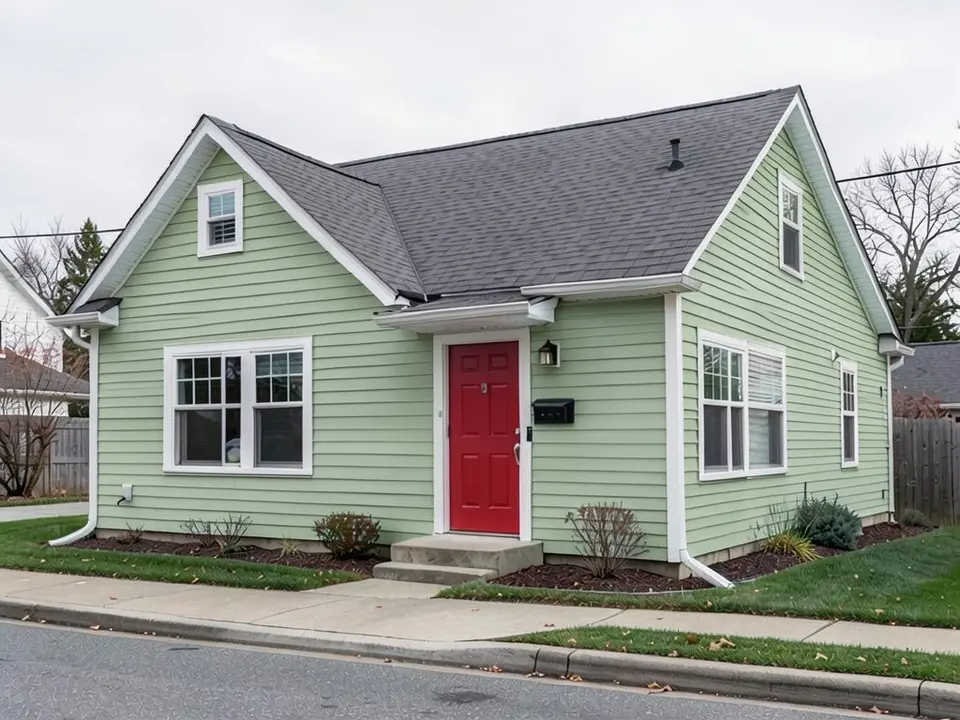The same house with soft sage green lap siding; the white trim, gray roof and red door kept