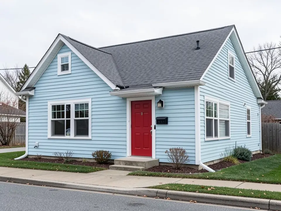 AI-drawn generic stand-in of a cottage with pale blue lap siding, white trim, a gray roof and a red front door