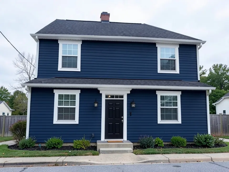 The same house with deep navy lap siding; the white trim, dark roof and black door kept