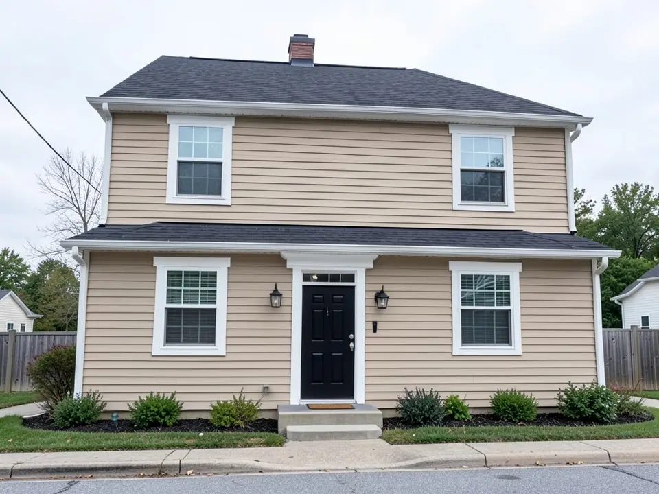 AI-drawn generic stand-in of a two-story house with beige lap siding, white trim, a dark roof and a black front door