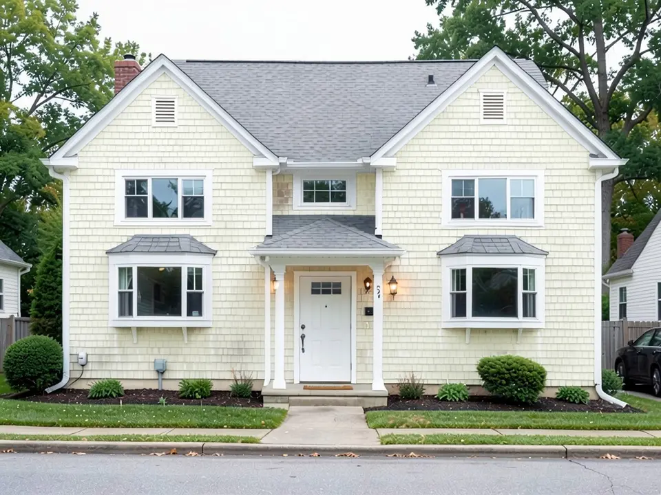 The same house with pale cream shingle-style siding; the shingle texture, gray roof and white door kept